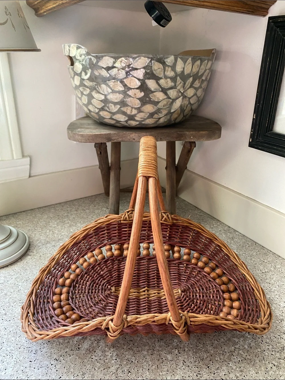 Vintage Hand-Woven Wicker & Rattan Gathering Basket